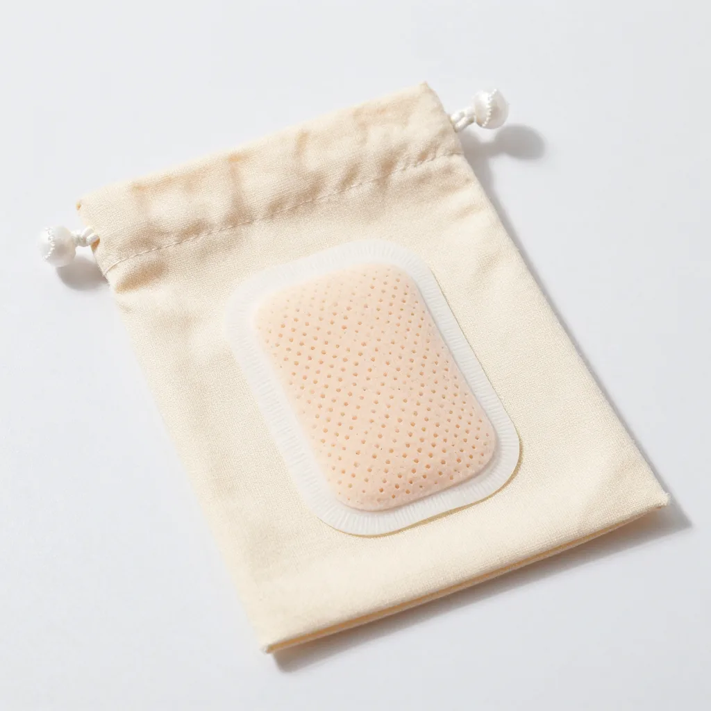 A starter kit of hydrocolloid patches in a cotton pouch on a light background